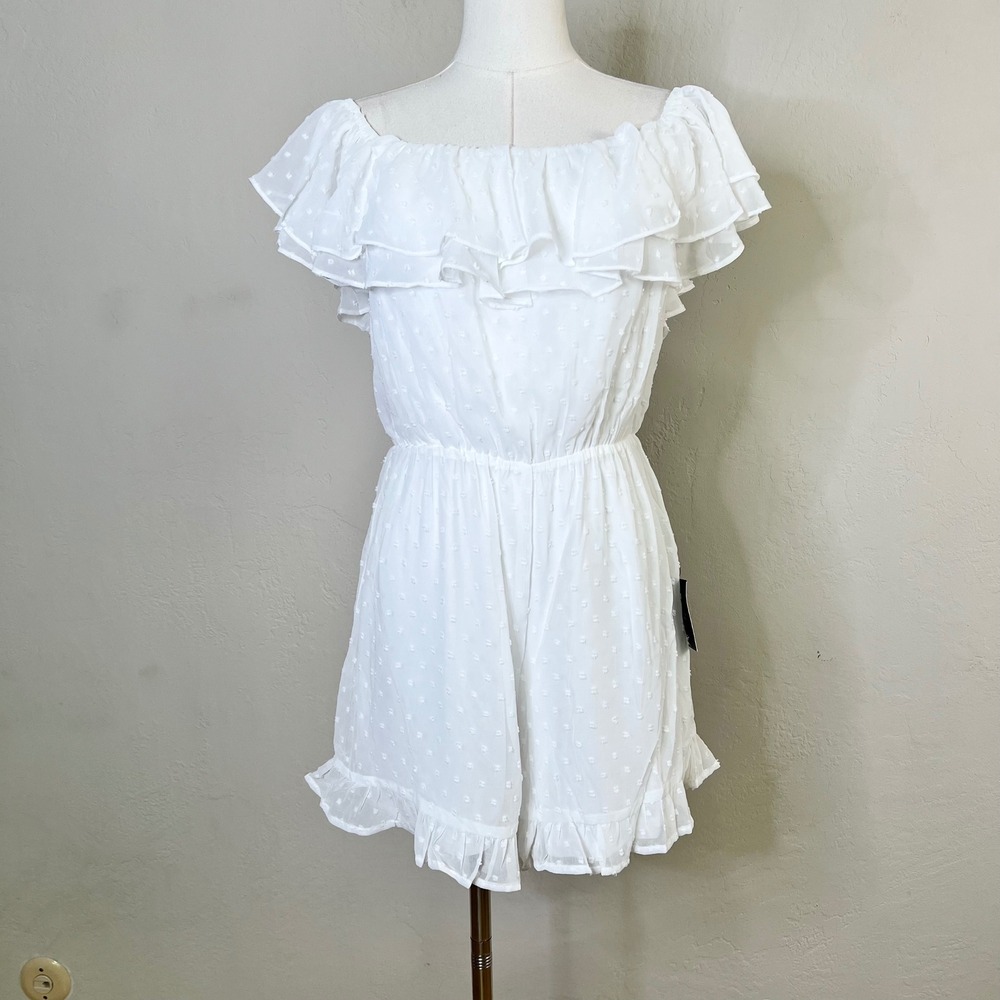 Lulus Romper Size Medium White Swiss Dot Ruffle Off Shoulder NEW Frilled to Bits